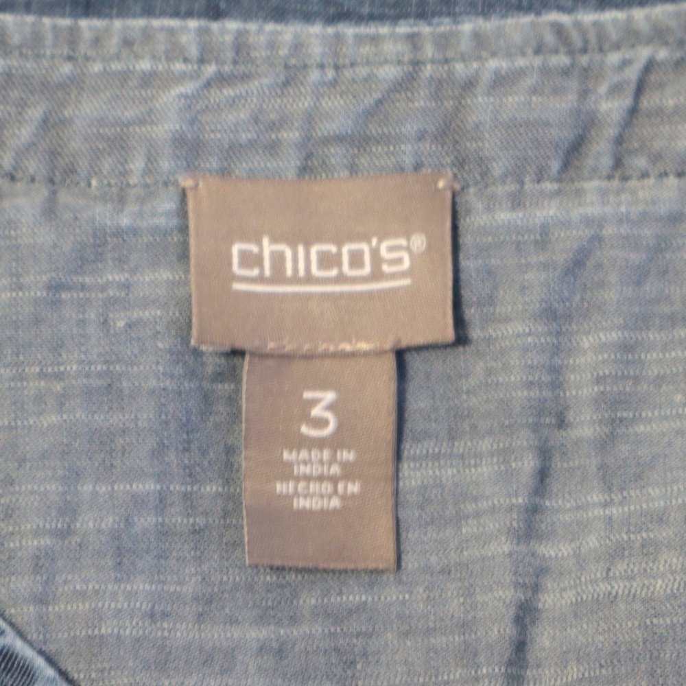 Embroidered Chambray Boho Floral Peasant Blouse Chicos Size 3 - Picture 7 of 8
